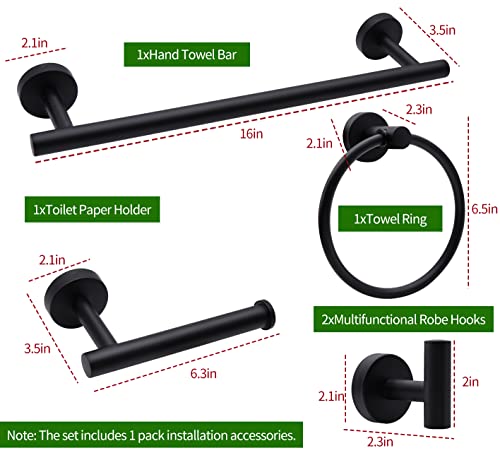 Bathroom Hardware Set, 5/10/20pcs Bathroom Hardware Set, Stainless Steel Bath Hardware Set Including 16" Hand Towel Bars, Toilet Paper Holders, Towel Rings, Robe Towel Hooks (5pcs, Black) - Image 3