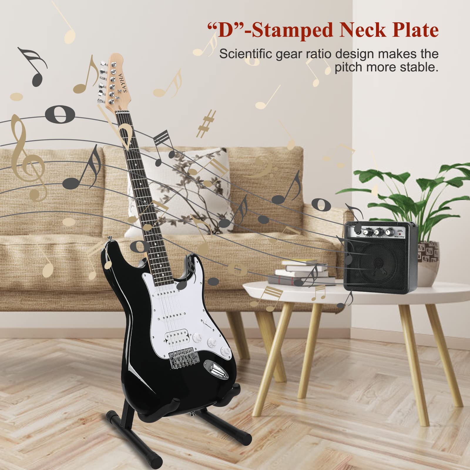 SAYHA Electric Guitar, 39 Inch Solid Full-size Electric Guitar HSS Pickups Starter Kit Includes Amplifier, Bag, Digital Tuner, Strap, String, Cable, Picks(Black) - Image 4